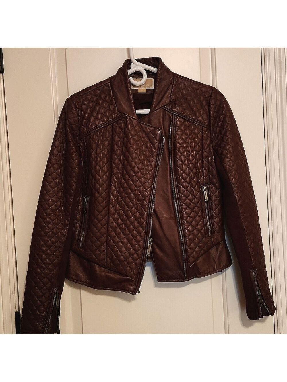 Michael Kors burgundy leather moto jacket quilted